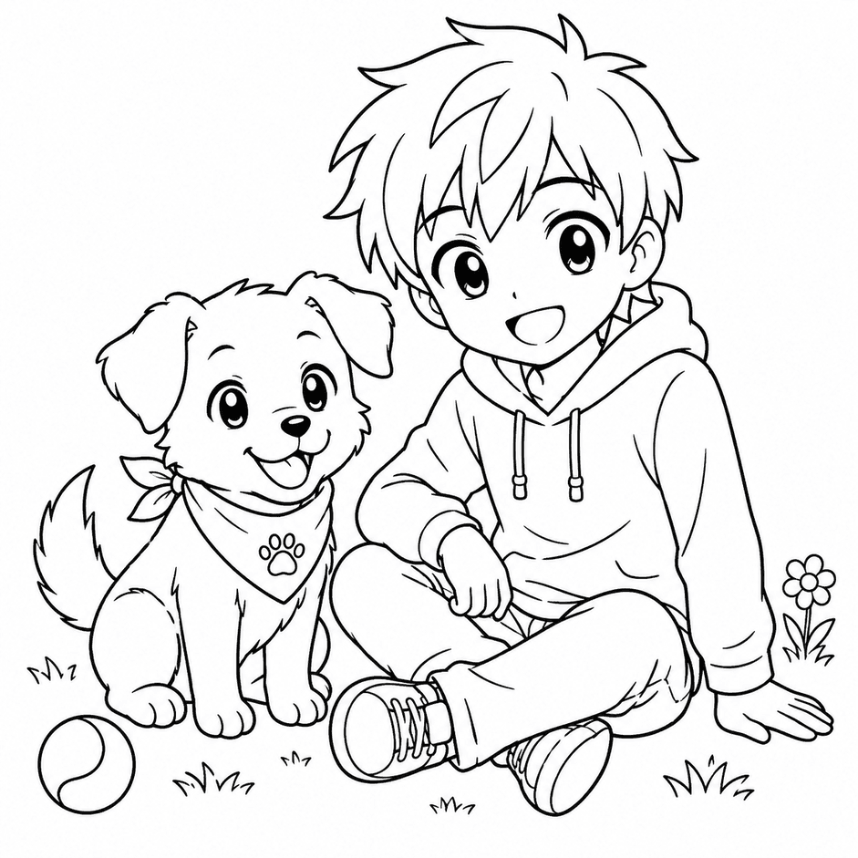 Anime Boy and Dog Coloring Pages