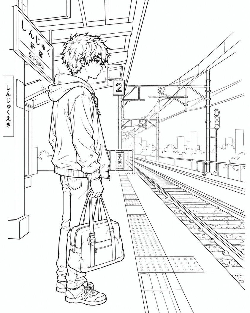 Anime Boy at Train Station Coloring Pages