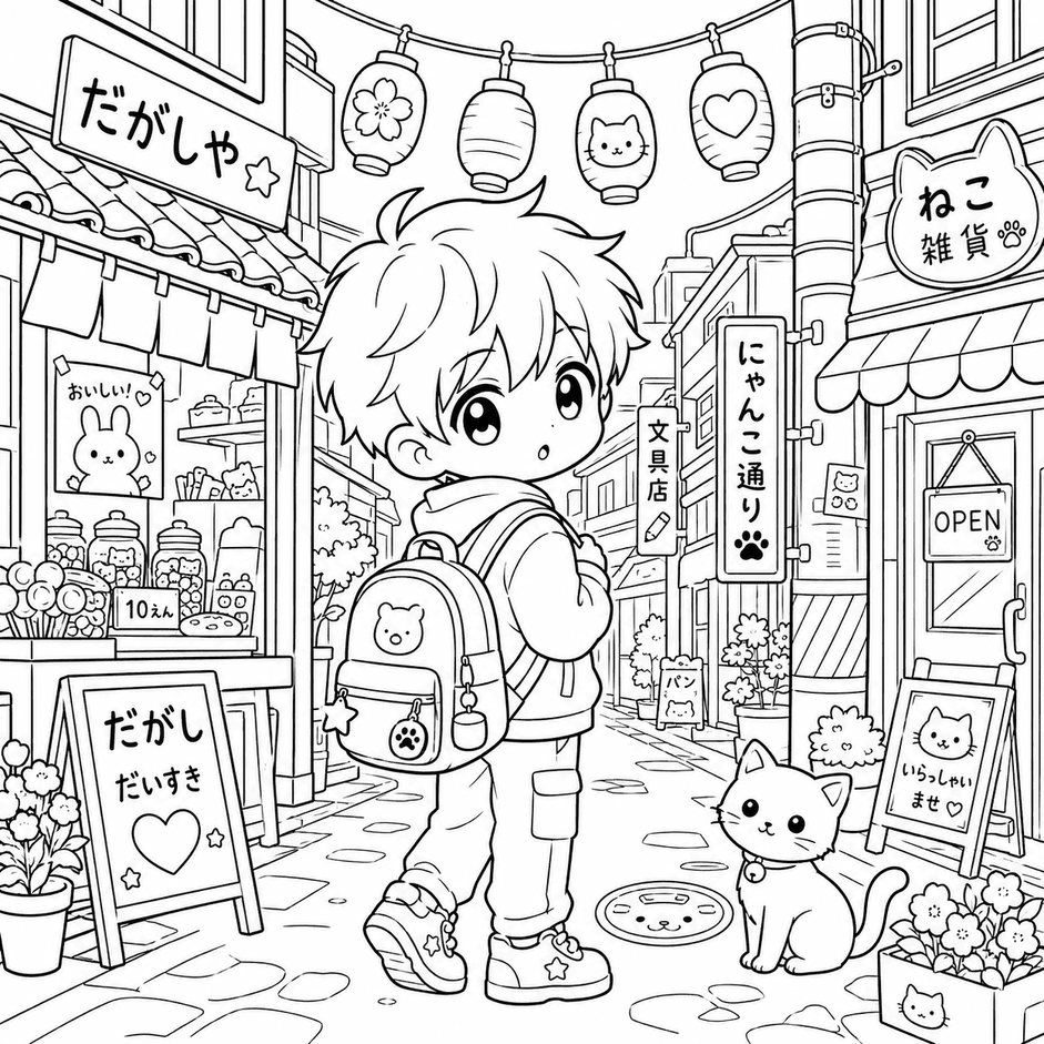 Anime Boy in Japan Streets Coloring Pages