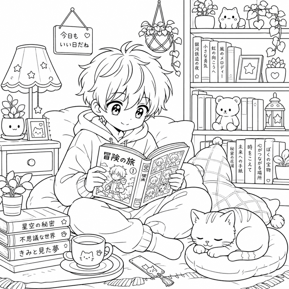 Anime Boy with Book Coloring Pages