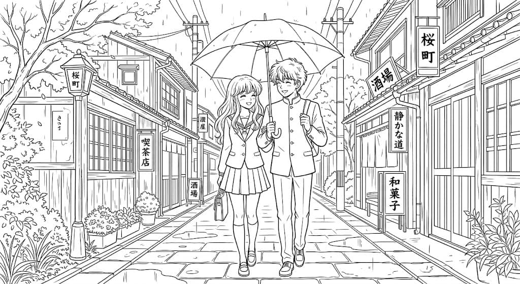 Anime Couple on Street Coloring Pages