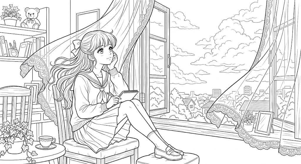 Anime Girl by Window Coloring Pages