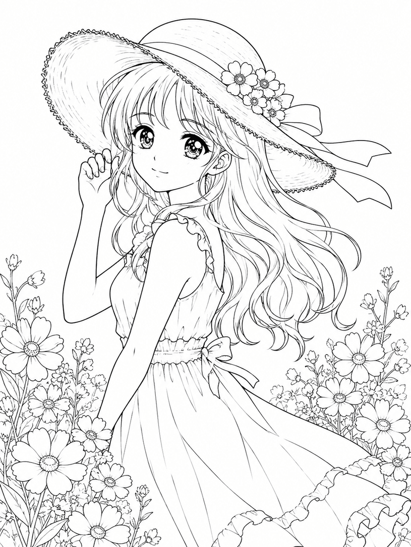 Anime Girl in Flower Field Coloring Pages