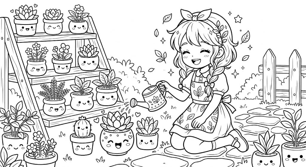 Cute Kawaii Anime Girl with Plants Coloring Pages
