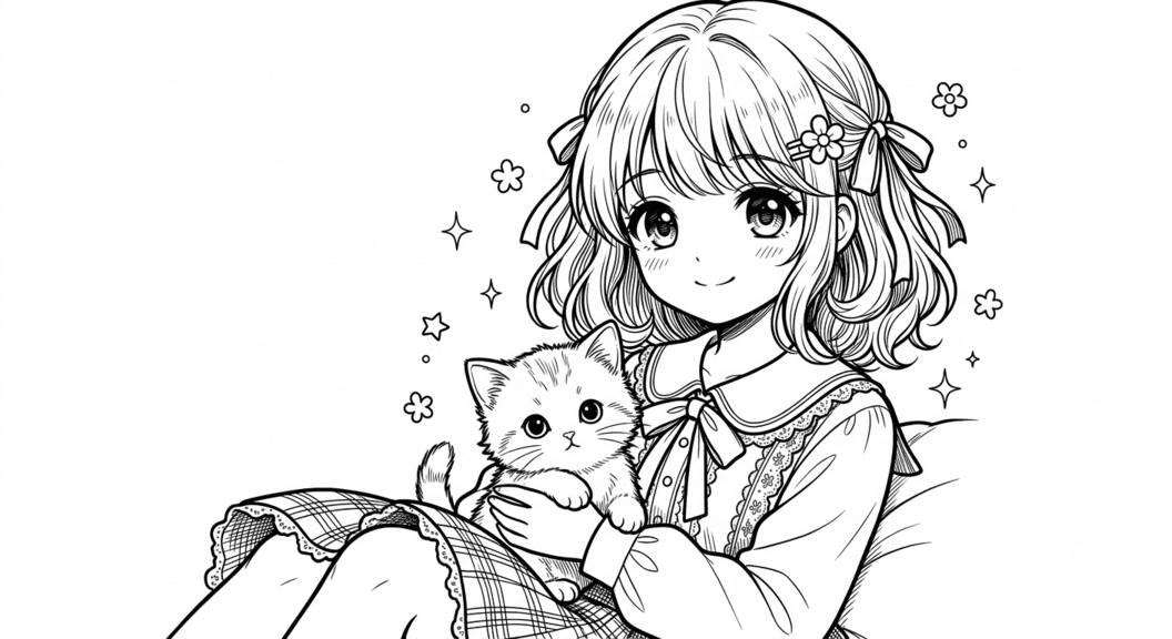 Kawaii Anime Girl and Kitten Coloring Pages
