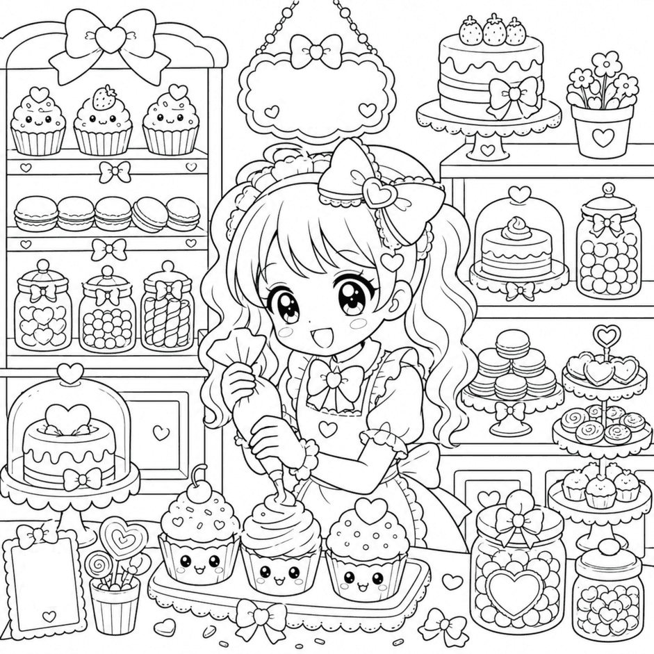 Kawaii Anime Girl in Bakery Coloring Pages