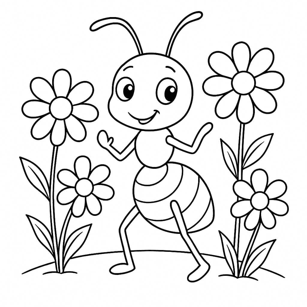 Ant in the Garden with Flowers Coloring Page