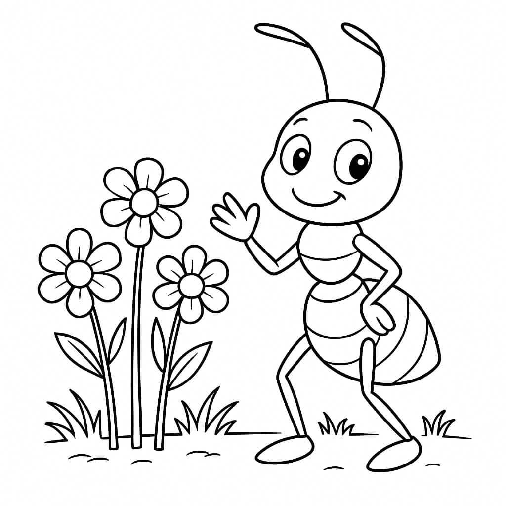 Ant with Flowers Coloring Page