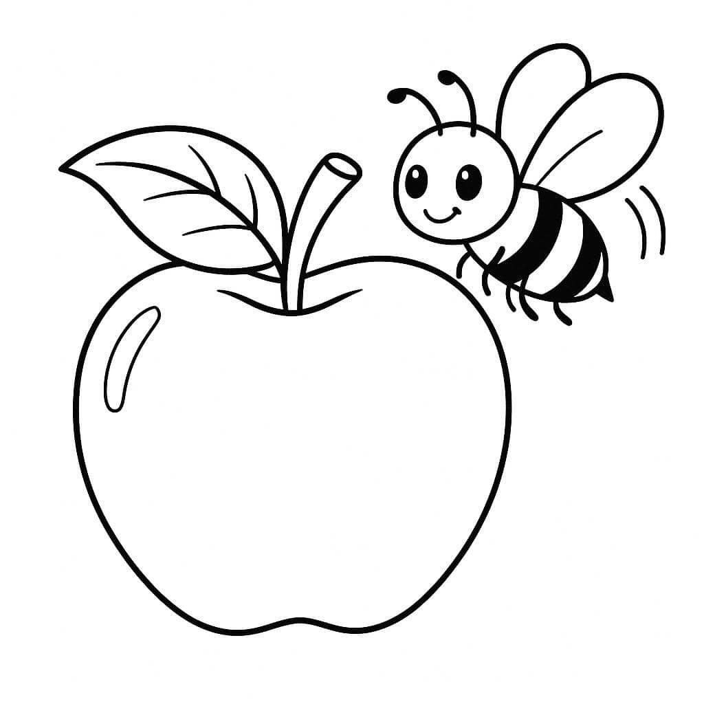 Apple with Bee Coloring Page