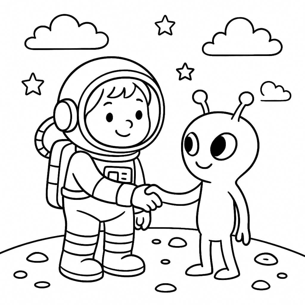 Astronaut and Friendly Alien Coloring Page