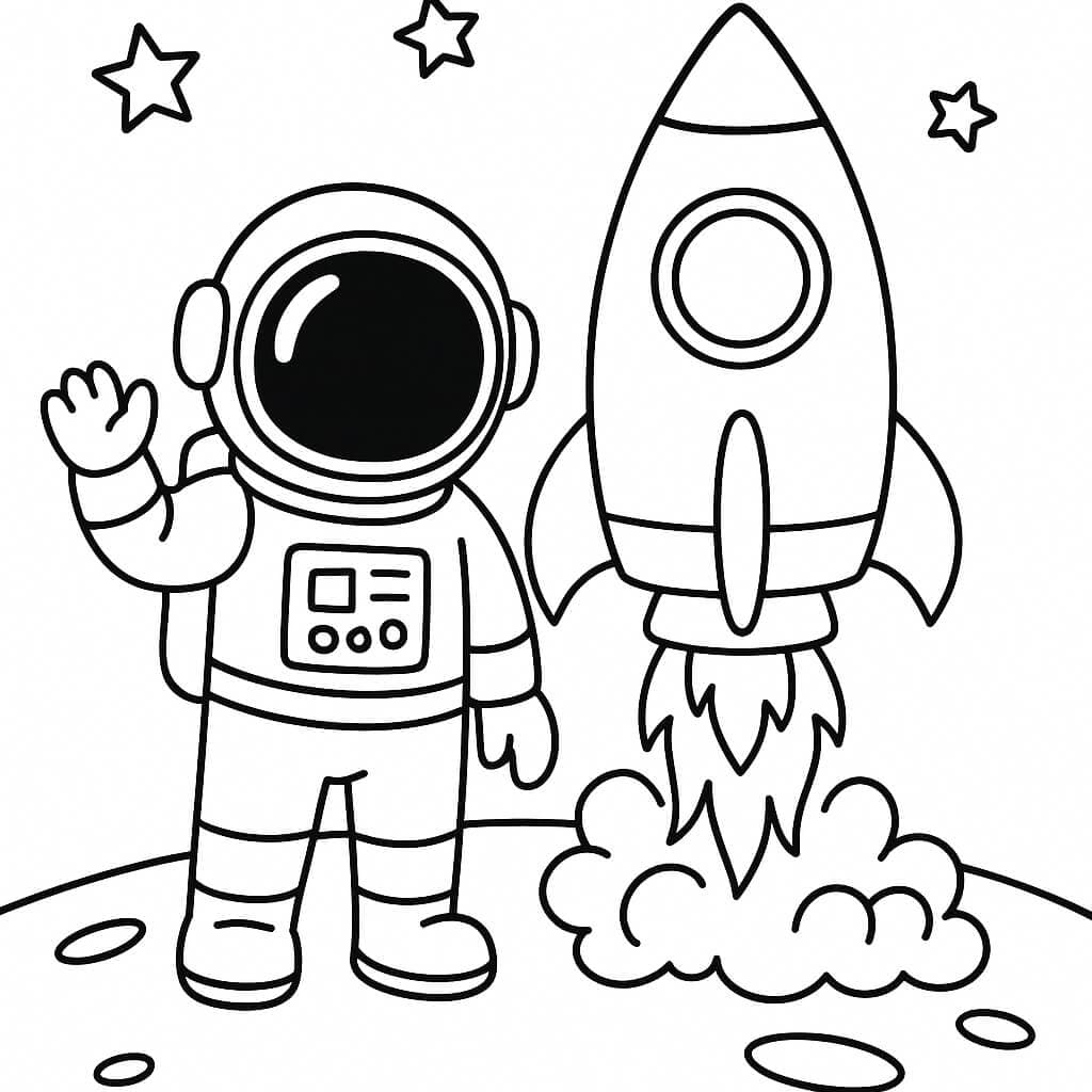 Astronaut and Rocket Coloring Page