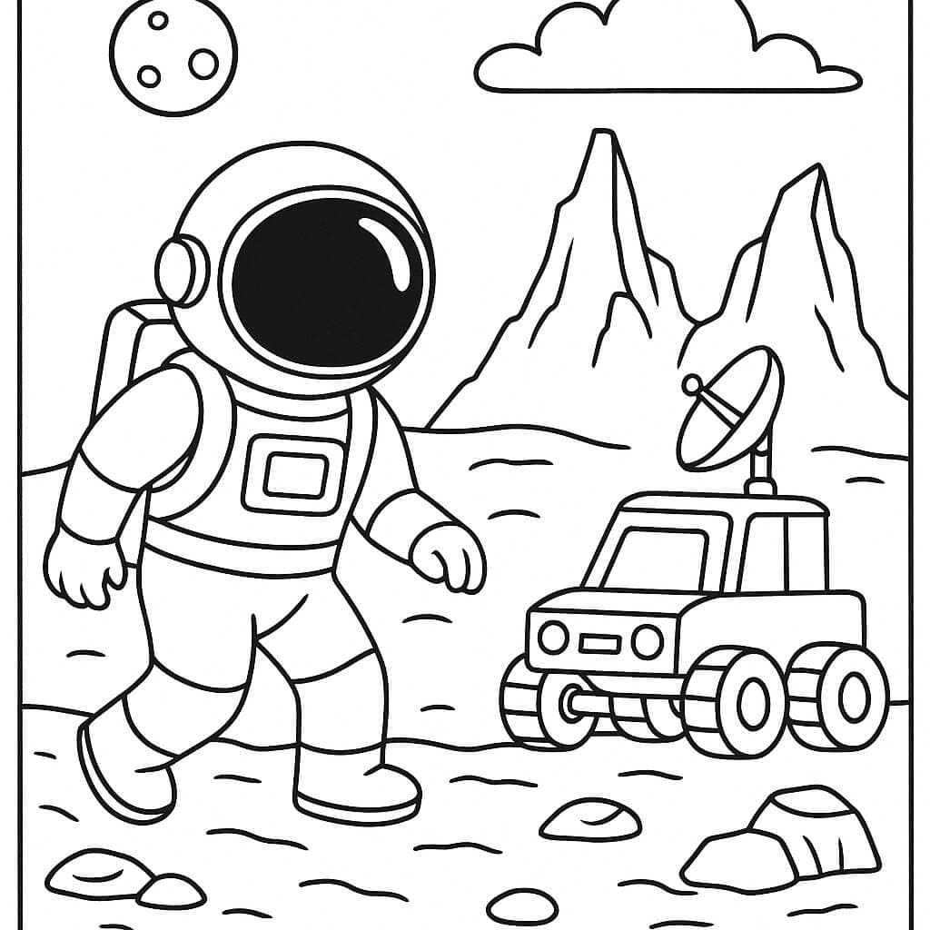 Astronaut on Mars with Rover Coloring Page