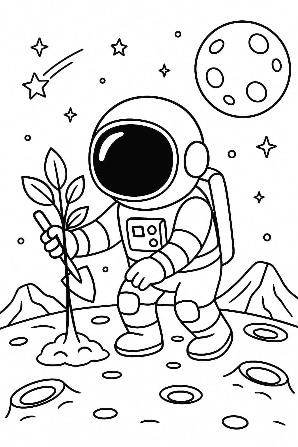 Astronaut Planting a Tree Coloring Page
