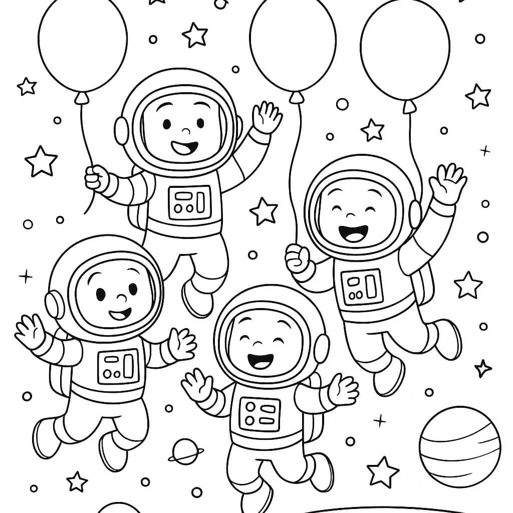 Astronauts with Balloons Coloring Page
