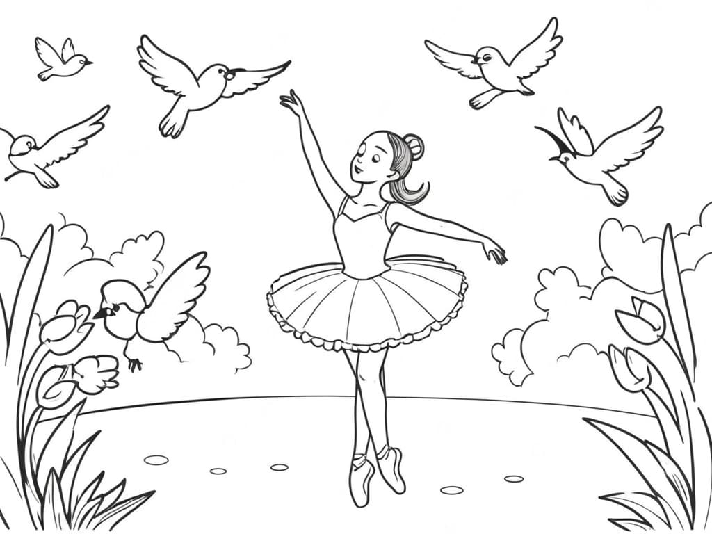 Ballerina and Birds Coloring Page