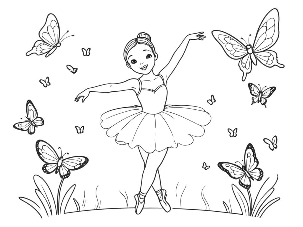 Ballerina Dancing with Butterflies Coloring Page