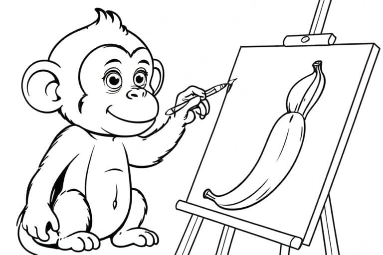 Monkey Painting a Banana Coloring Page