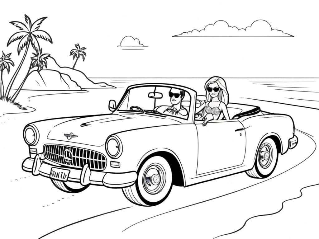 Barbie and Ken in a Sports Convertible Coloring Page