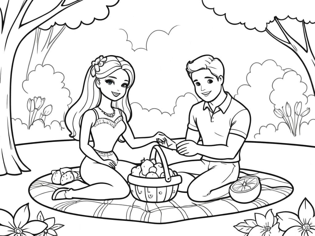 Barbie and Ken Romantic Picnic Coloring Page