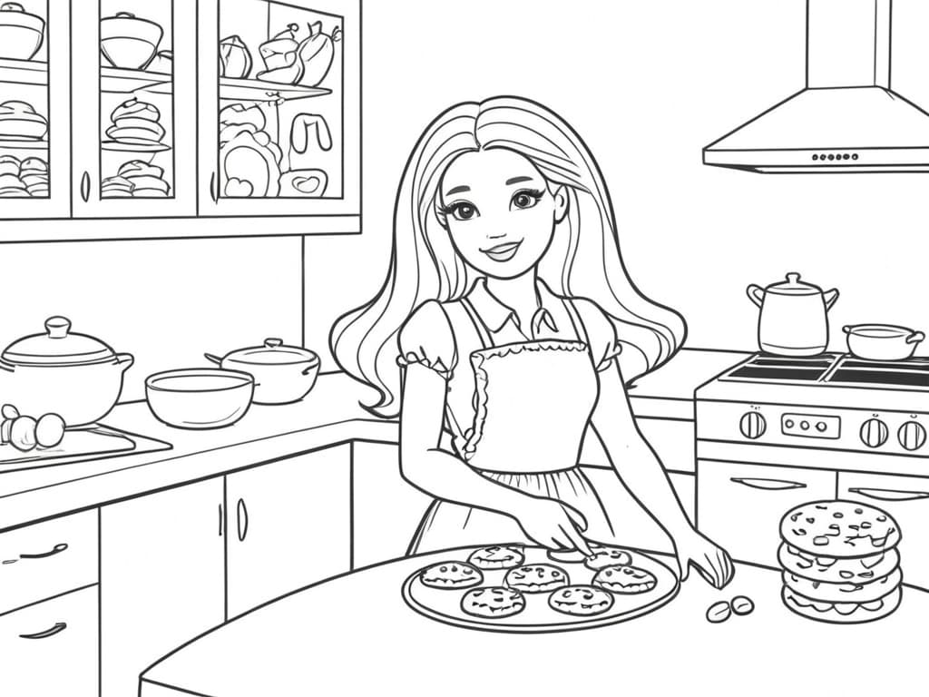 Barbie Baking Cookies in the Kitchen Coloring Page