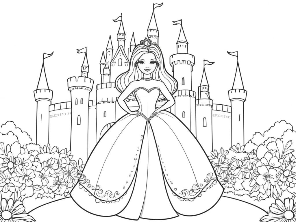 Barbie in Front of a Fairytale Castle Coloring Page