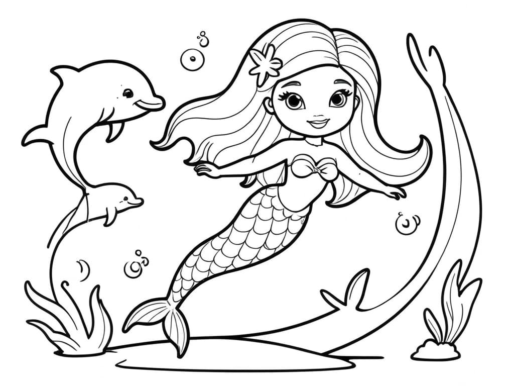 Barbie Mermaid with Dolphin Coloring Page