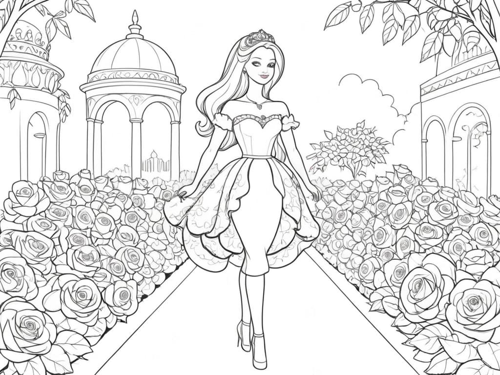 Barbie Princess in a Flower Field Coloring Page