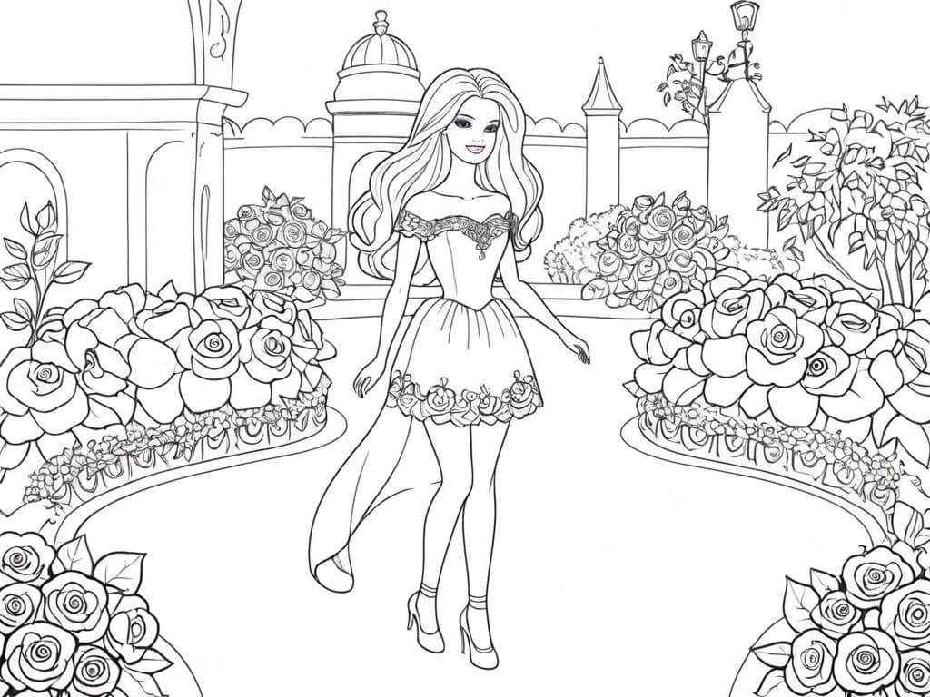 Barbie Princess in a Rose Garden Coloring Page