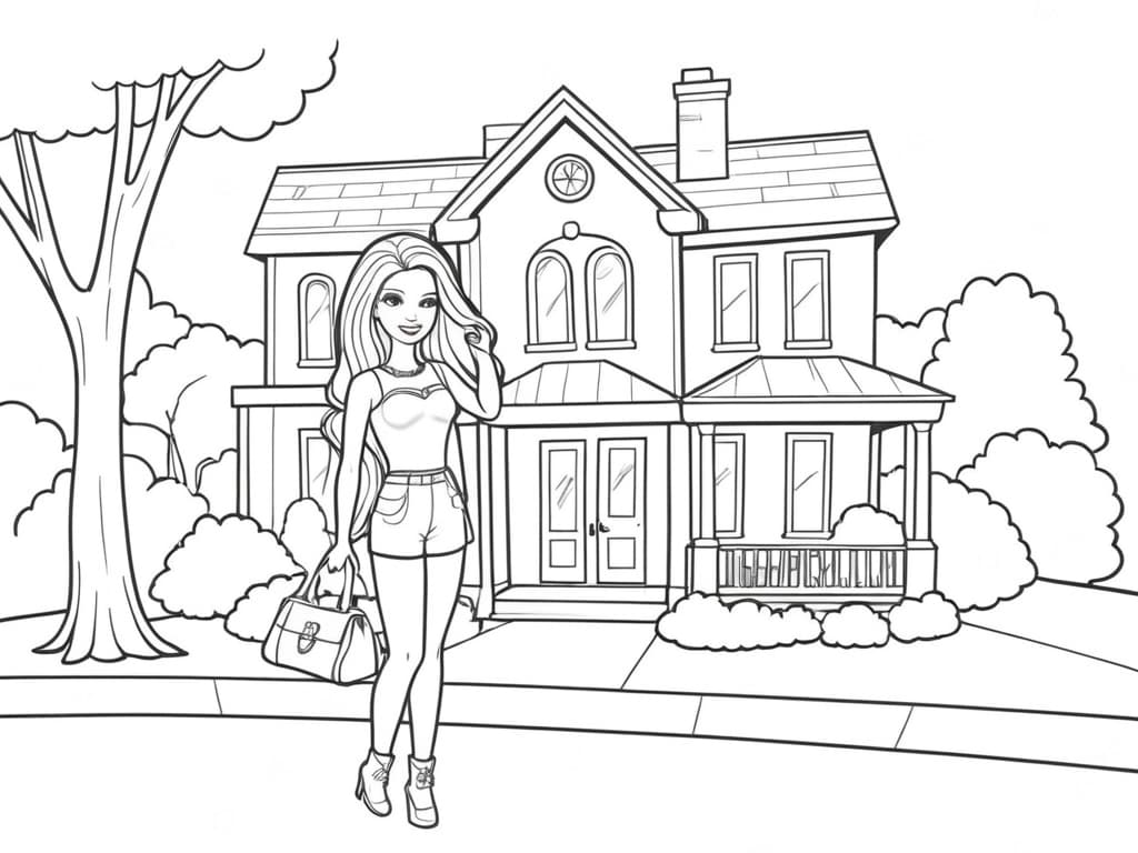 Barbie Standing in Front of Her House Coloring Page