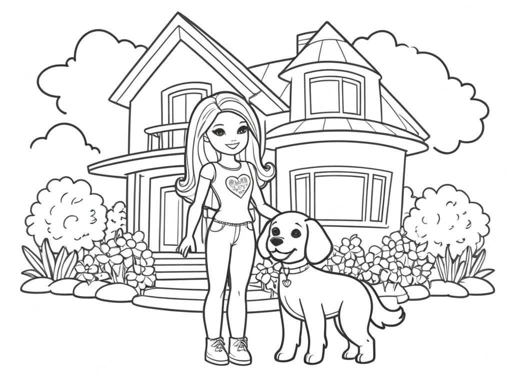Barbie with a Dog in the Living Room Coloring Page