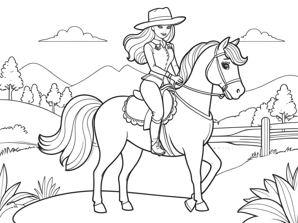 Barbie with a Hat and Horse Coloring Page