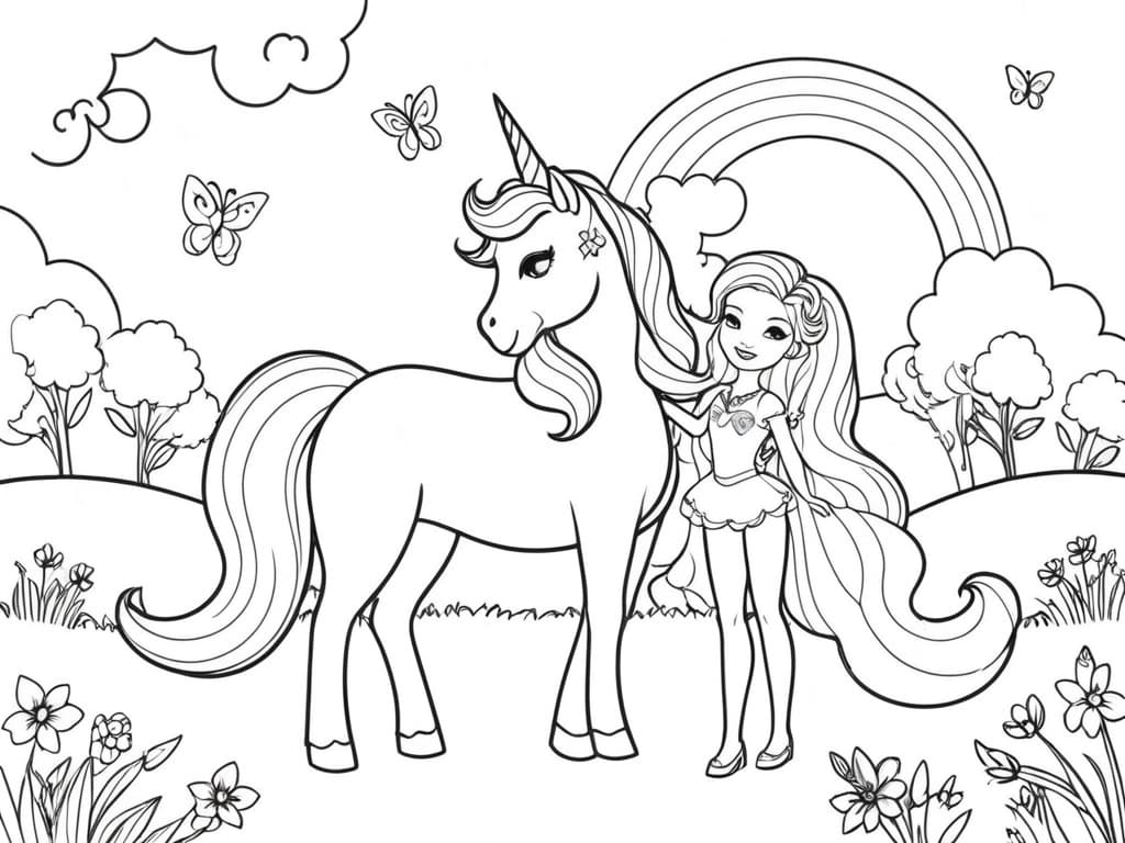 Barbie with Unicorn Coloring Page