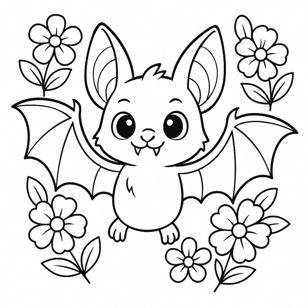 Bat with Flowers Coloring Page