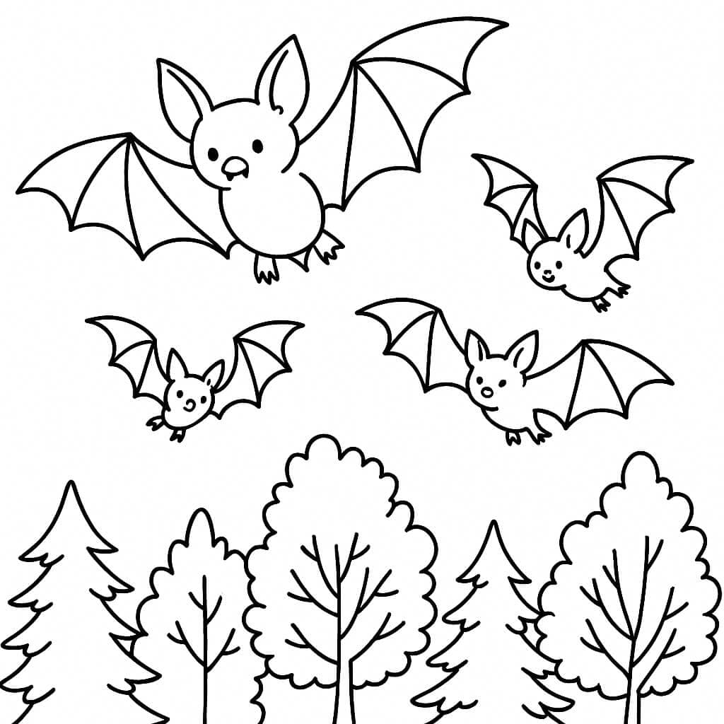 Bats Flying Over Trees Coloring Page