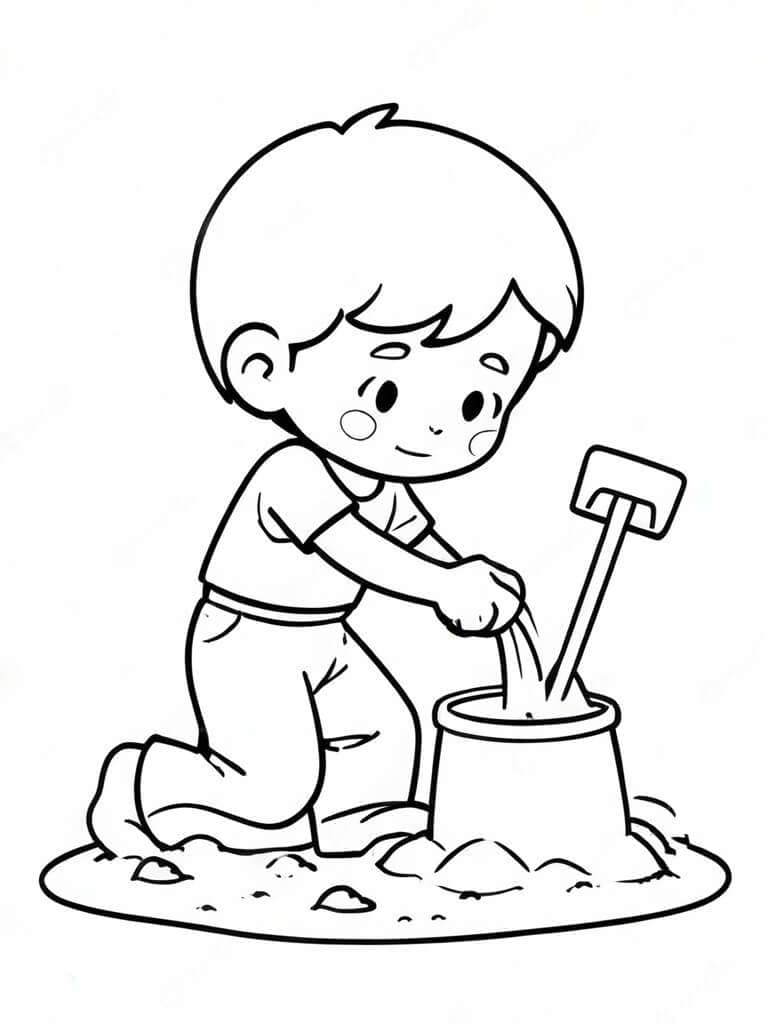 Boy with Sand Bucket on the Beach Coloring Page