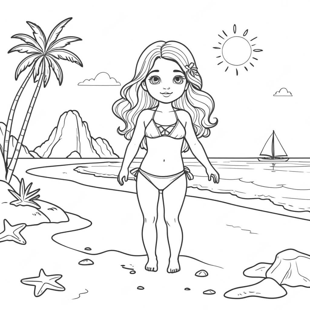 Girl on the Beach Coloring Page