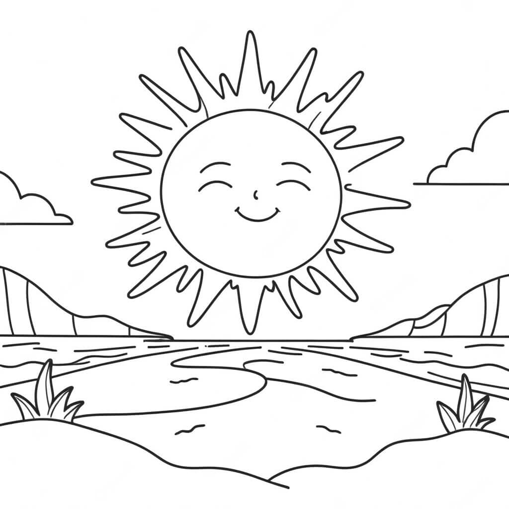 Sun over the Beach Coloring Page