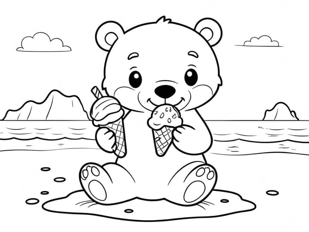 Bear at the Beach with Ice Cream Coloring Page
