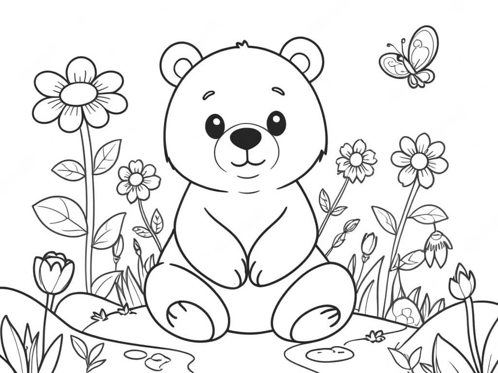 Bear in a Flower Garden Coloring Page