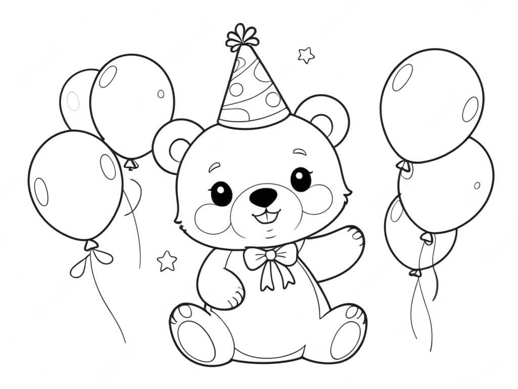 Bear with Birthday Hat Coloring Page