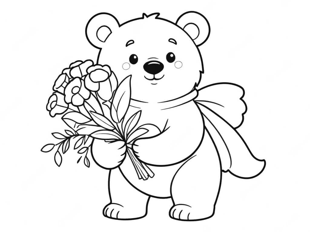 Bear with Flowers Coloring Page