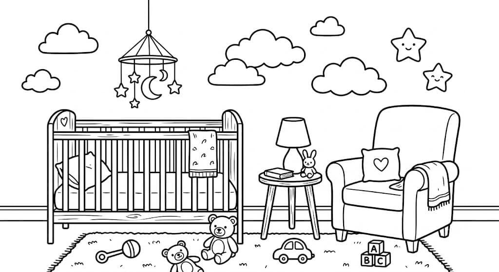 Bedroom with Crib Coloring Page