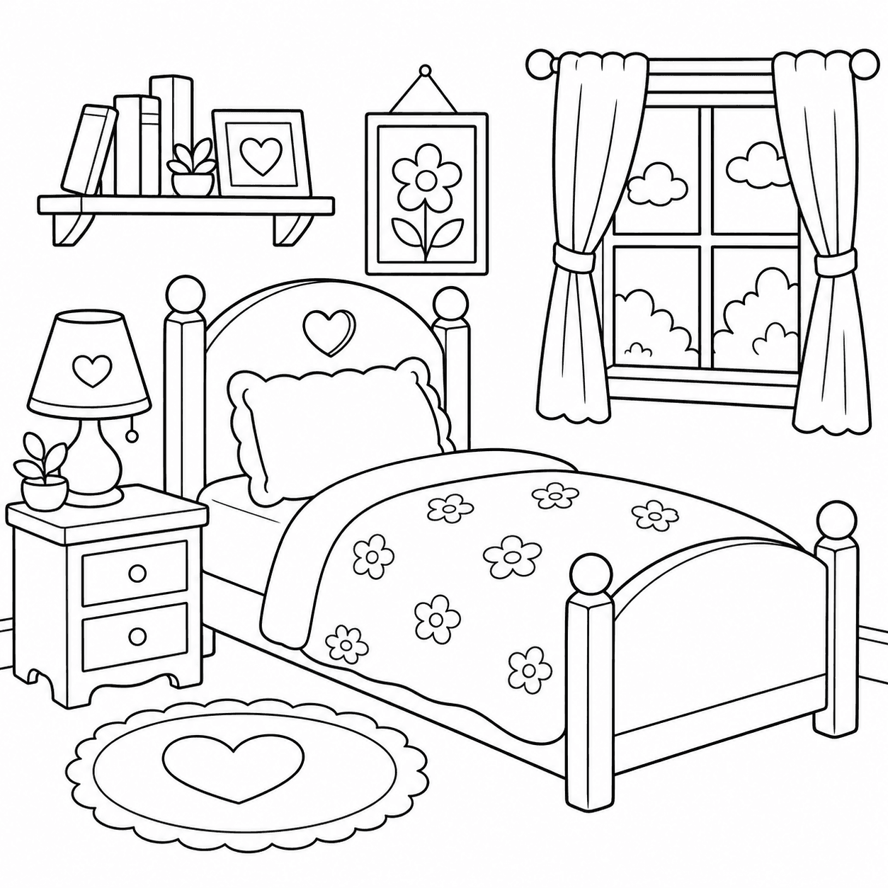 Bedroom with Flowers Coloring Page