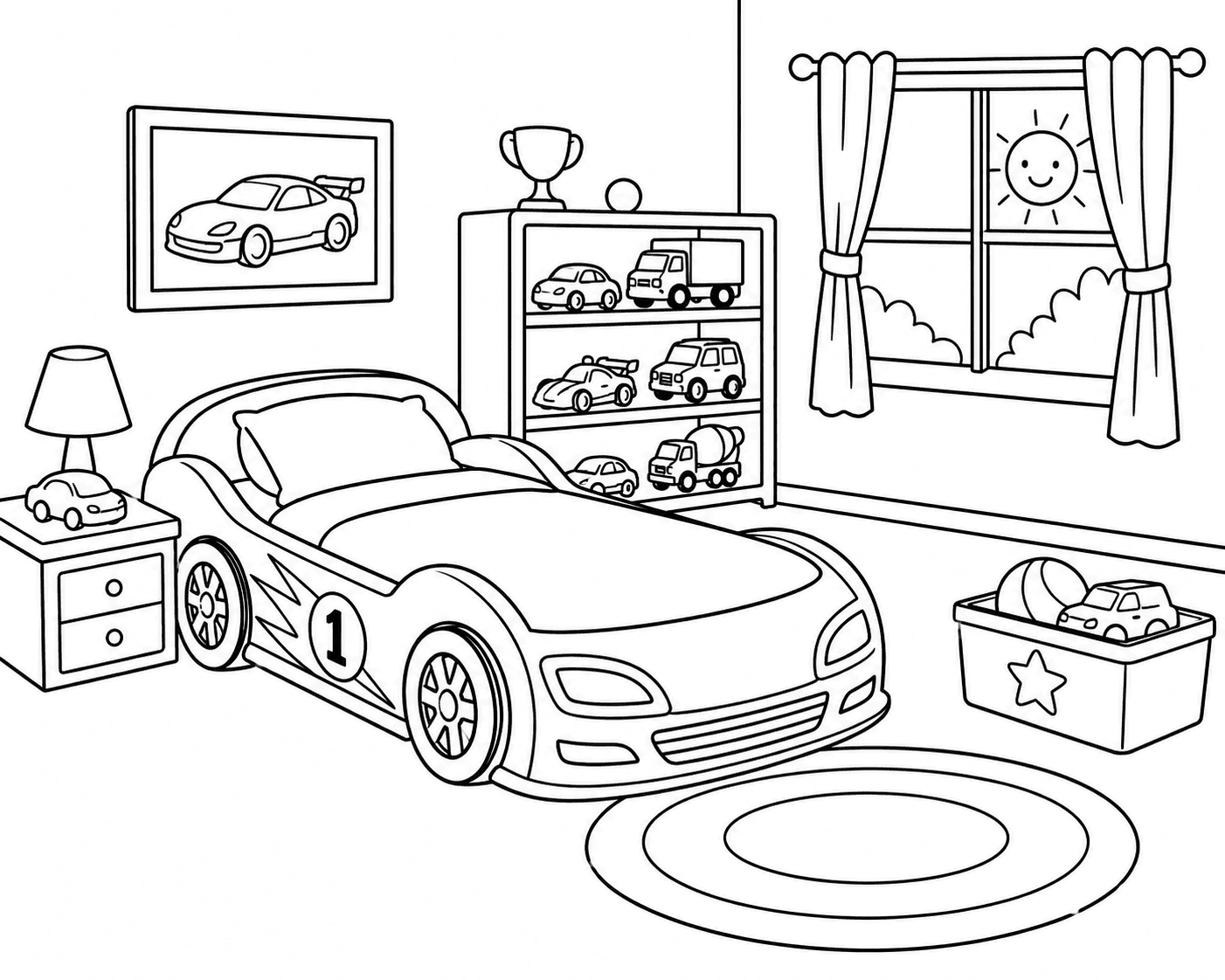 Car-Themed Kids Bedroom Coloring Page