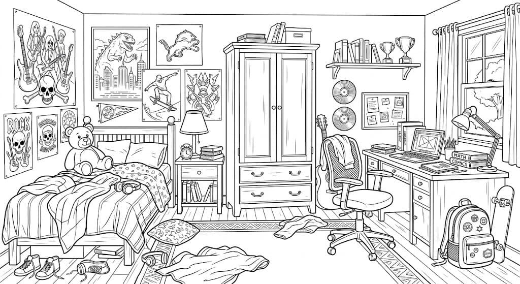 Detailed Teen Bedroom Coloring Page