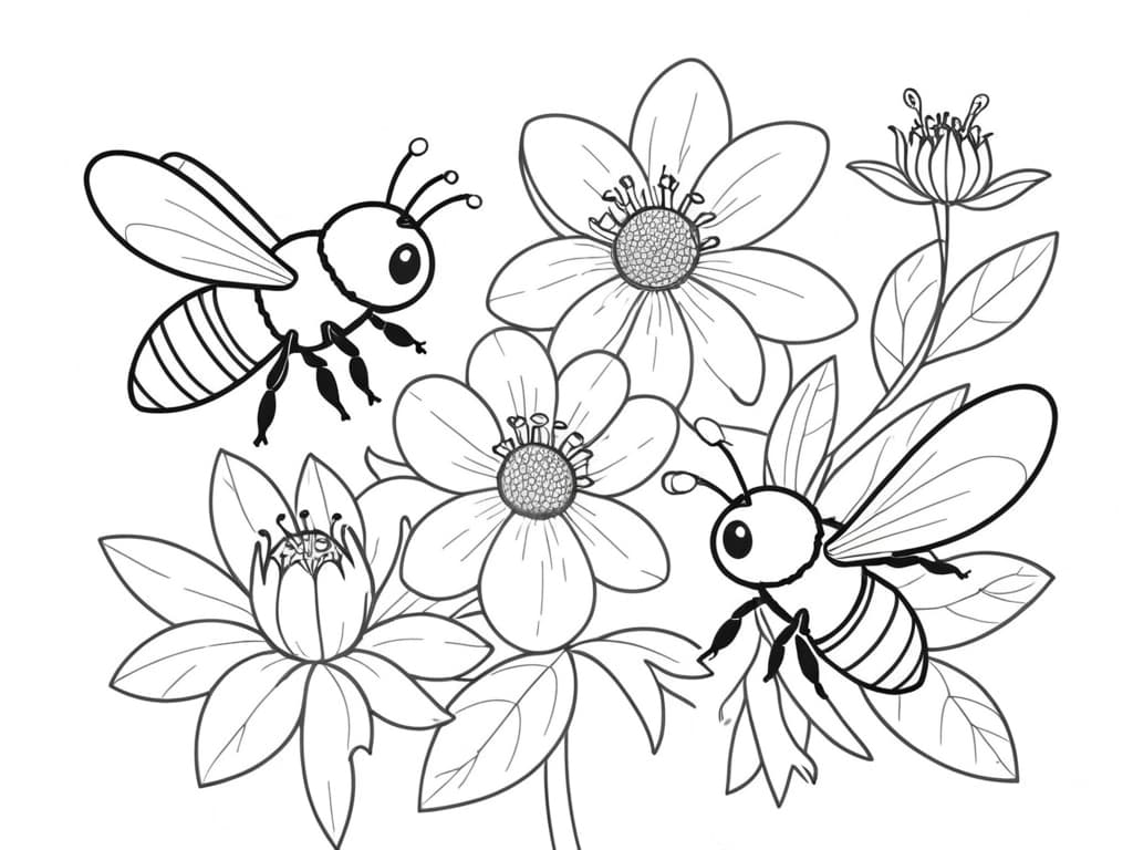Bees on Flowers Coloring Page