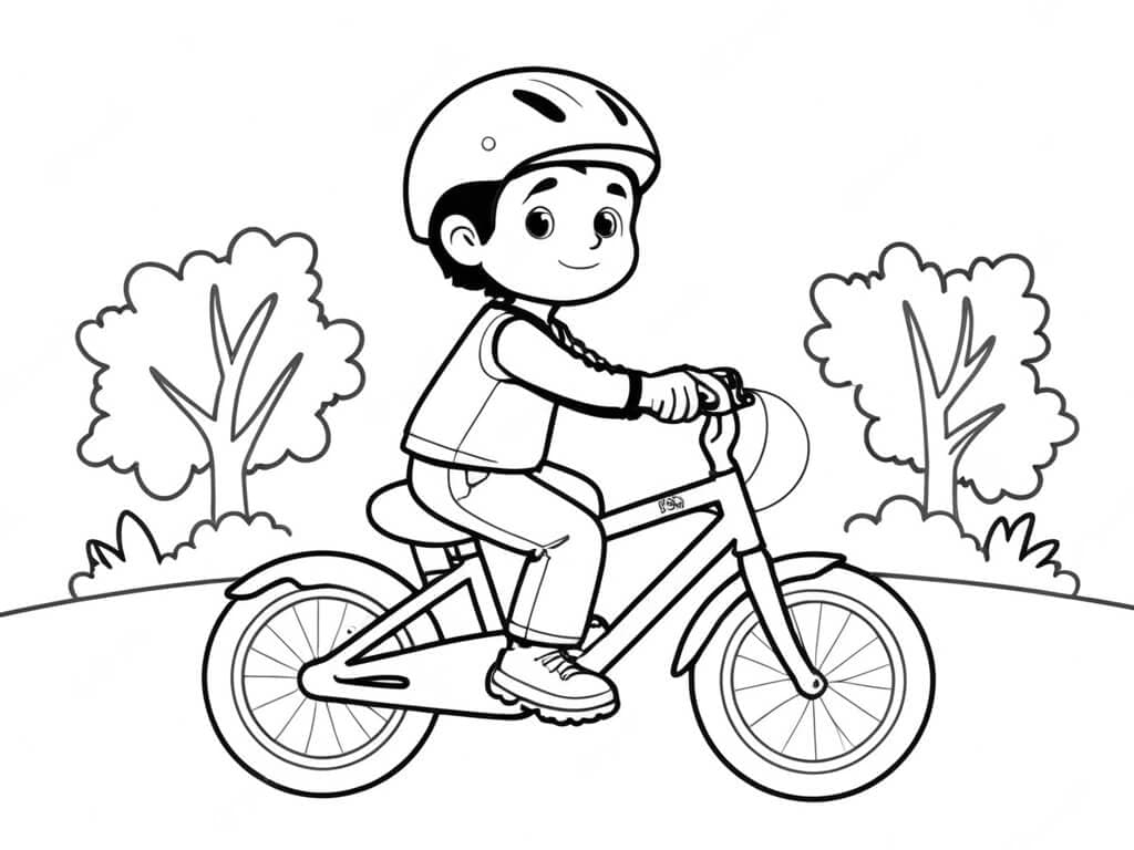 Boy Riding Bicycle in Meadow Coloring Page