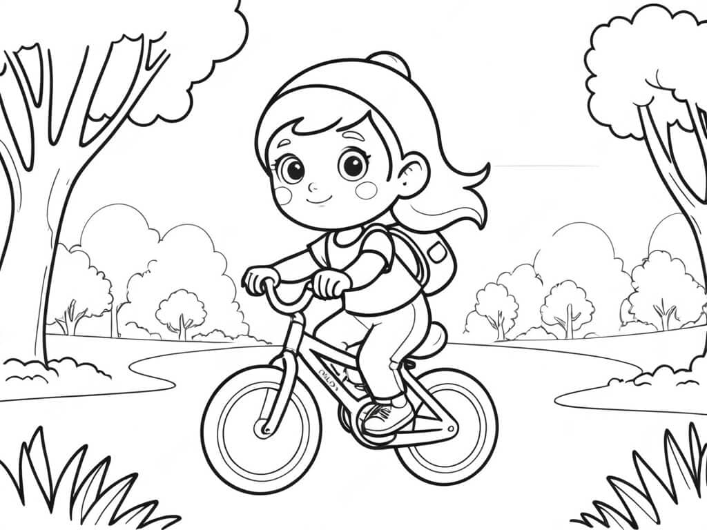 Girl Coming Home from School by Bicycle Coloring Page
