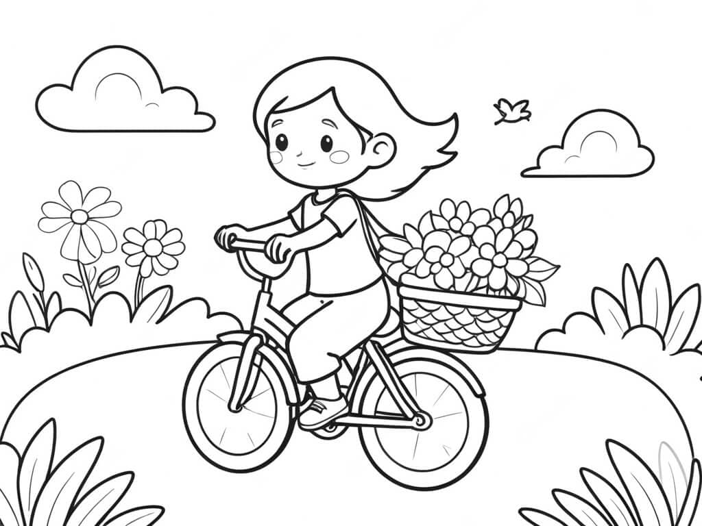 Girl Riding Bicycle Coloring Page