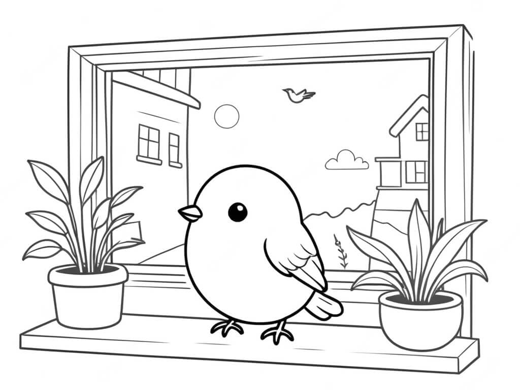 Bird at the window coloring page